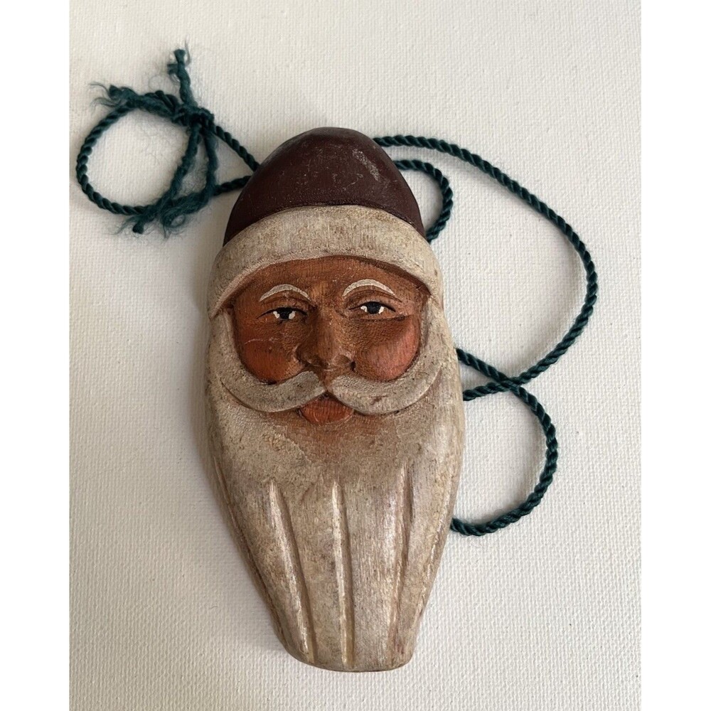 Hand Carved Painted Wooden Santa Claus Ornament Wall Decor Vintage